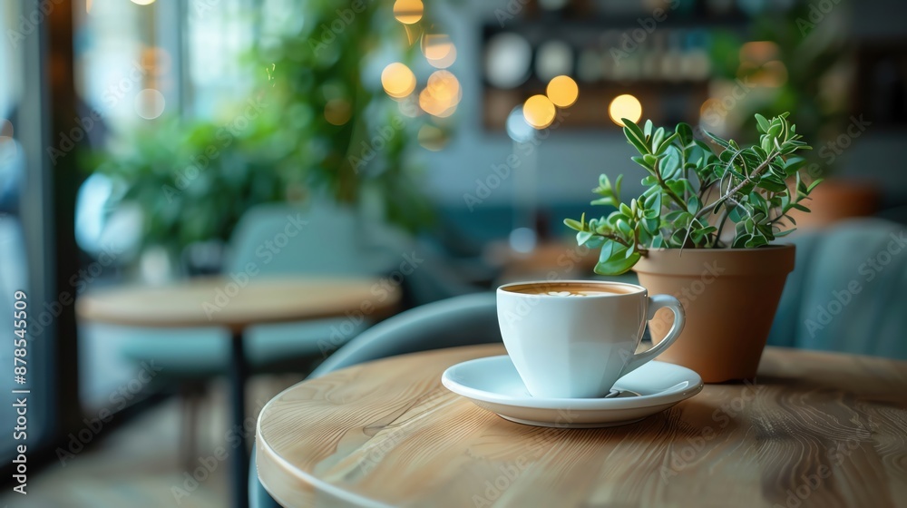 Coffee cup on a modern table in a cozy cafe, minimalistic, ample copy space Coffee cup on a modern table in a cozy cafe, minimalistic, ample copy space