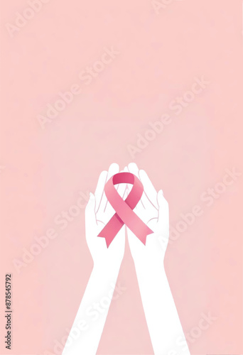 a poster with open palm hands and pink breast cancer ribbon on it