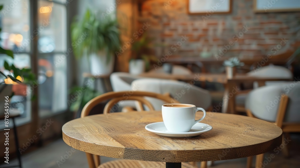 Coffee cup on a modern table in a cozy cafe, minimalistic, ample copy space Coffee cup on a modern table in a cozy cafe, minimalistic, ample copy space