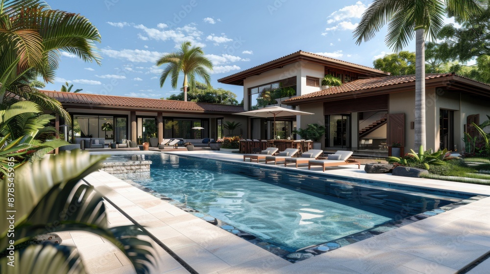 Fototapeta premium A tropical hotel swimming pool surrounded by palm trees and overlooking the ocean, embodying the essence of a luxurious summer vacation