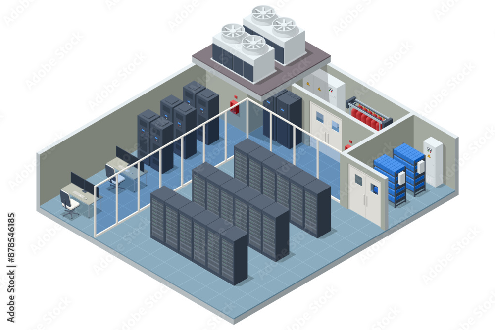 Isometric Network computing technologies. Digital space. Data storage. The data center provides data storage and processing, delivering high performance for big data analysis and machine learning. Isometric Network computing technologies. Digital space. Data storage. The data center provides data storage and processing, delivering high performance for big data analysis and machine learning.