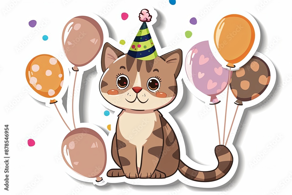 Fototapeta premium Cute cat with birthday hat and balloons.