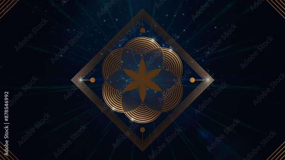 Video animation gold shiny Flower of Life in motion. Golden square Frame. Sacred geometry in the moving galaxy, dark starry background. Model for TV show, intro, movie, stage design. Cosmic space
