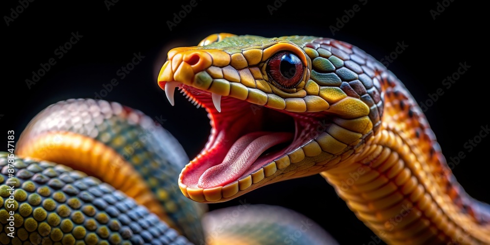 Green Tree Python with Open Mouth, Close-up of a Green Tree Python's ...