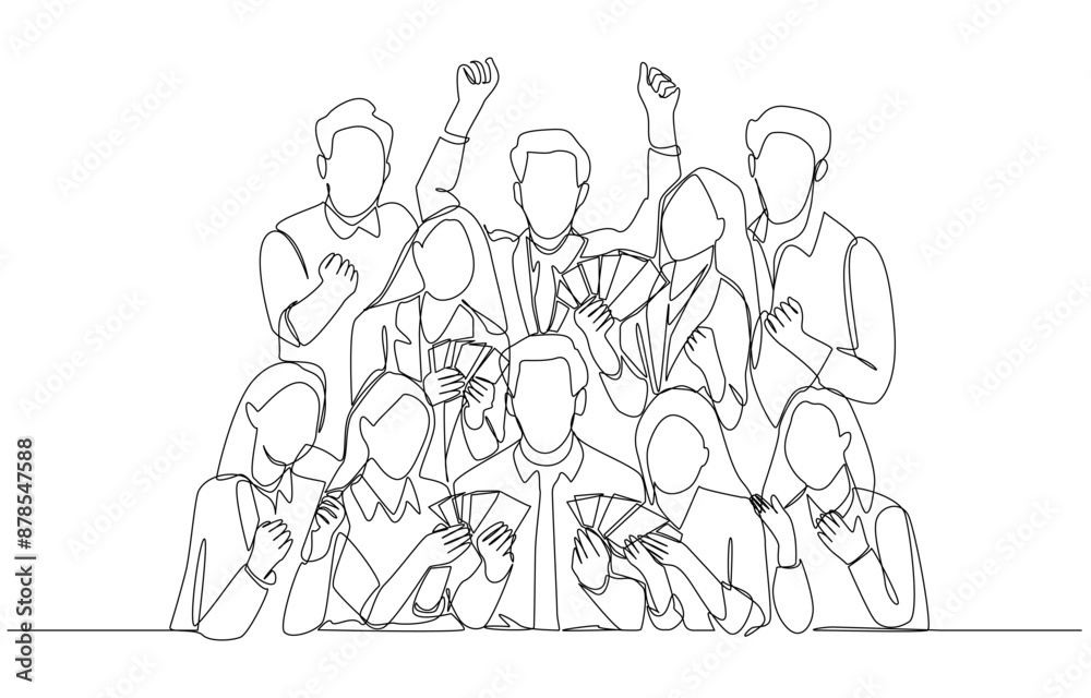 Continuous one line drawing of cheerful employees receiving bonuses from company, excellent business team with reward from company concept, single line art. Continuous one line drawing of cheerful employees receiving bonuses from company, excellent business team with reward from company concept, single line art.