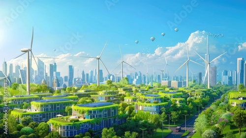 Vibrant futuristic city powered by wind turbines and solar panels, featuring green rooftops and lush parks. Zero carbon