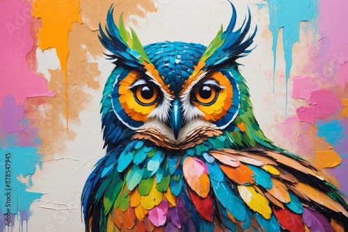 Colorful abstract portrait painting of a woodland forest owl bird animal, nature theme concept texture design. 