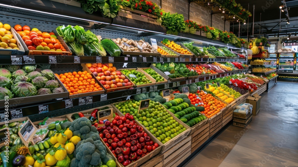 custom made wallpaper toronto digitalFresh produce section in a grocery store with vibrant fruits and vegetables.