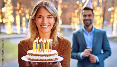 A smiling woman holding a birthday cake with colorful candles, with a man in the background wearing a party hat, amidst festive lights photo