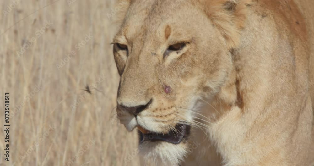 close up of a lioness' (Panthera Leo) face with a scar walking across the grasslands at morning in kenya close up of a lioness' (Panthera Leo) face with a scar walking across the grasslands at morning in kenya