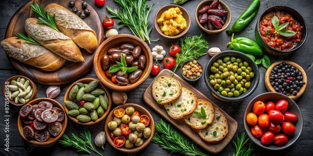 Mediterranean Delights A Top-Down View of Rustic Appetizers, Olives, Bread, and Herbs, Mediterranean cuisine, appetizer, food photography, still life Mediterranean Delights A Top-Down View of Rustic Appetizers, Olives, Bread, and Herbs, Mediterranean cuisine, appetizer, food photography, still life
