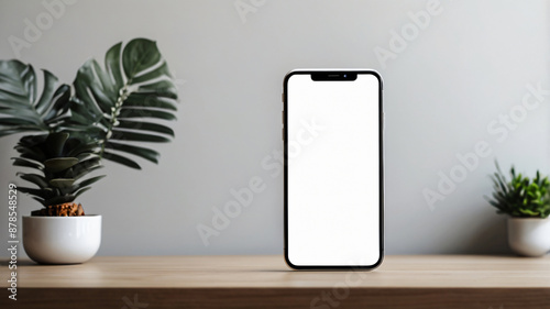 Black mobile smartphone mockup with blank screen isolated on a table, application or design project.