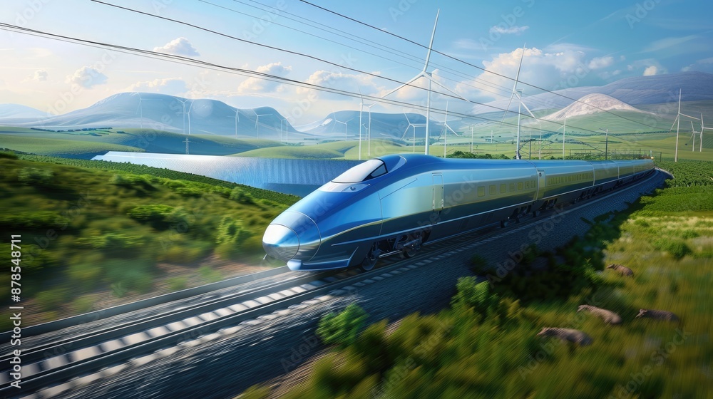 Sleek zero-carbon train speeding through the countryside, powered by renewable energy with wind turbines and solar fields in the background. Zero carbon Sleek zero-carbon train speeding through the countryside, powered by renewable energy with wind turbines and solar fields in the background. Zero carbon