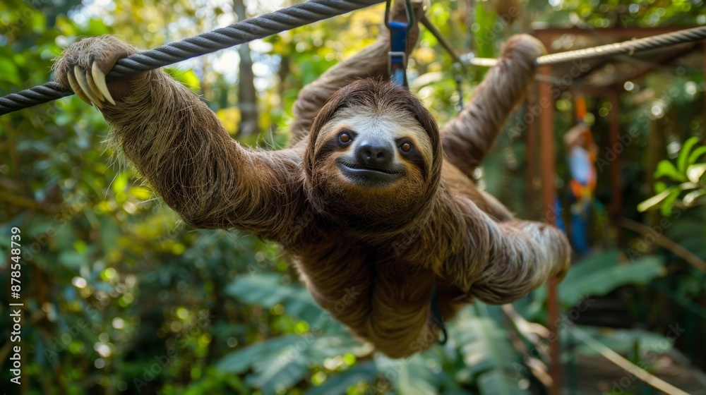Fototapeta premium A sloth zip-lining through the rainforest with a big smile on its face