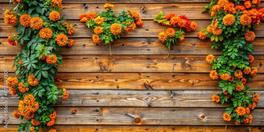 Fototapeta premium Orange Marigold Blooms on Weathered Wooden Wall, Marigold , Wooden Wall , Floral , Orange Flower