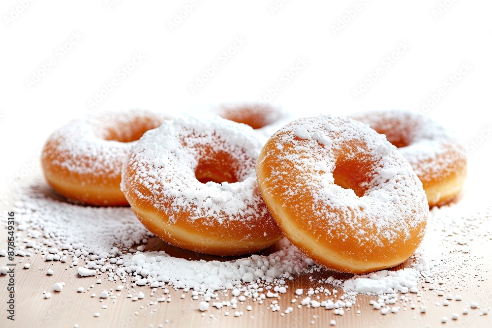 Delicious donuts with powdered sugar on wooden table isolated on white background