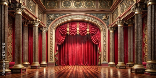 Ornate Columns Frame a Stage with Red Curtains, Stage, Curtains, Theater, Ornate photo