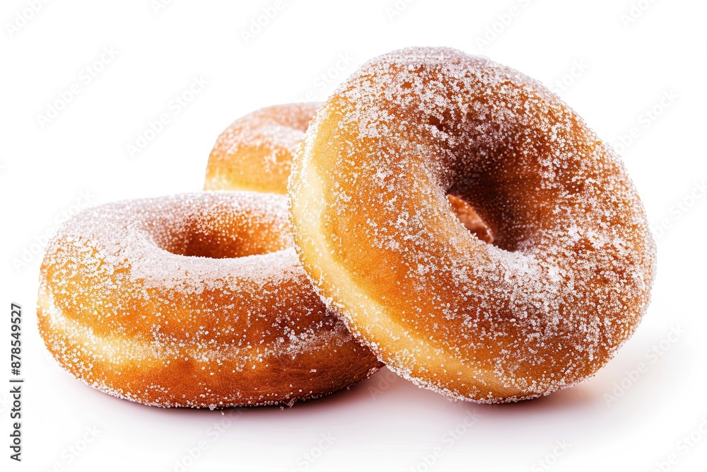 Delicious donuts with powdered sugar on wooden table isolated on white background Delicious donuts with powdered sugar on wooden table isolated on white background