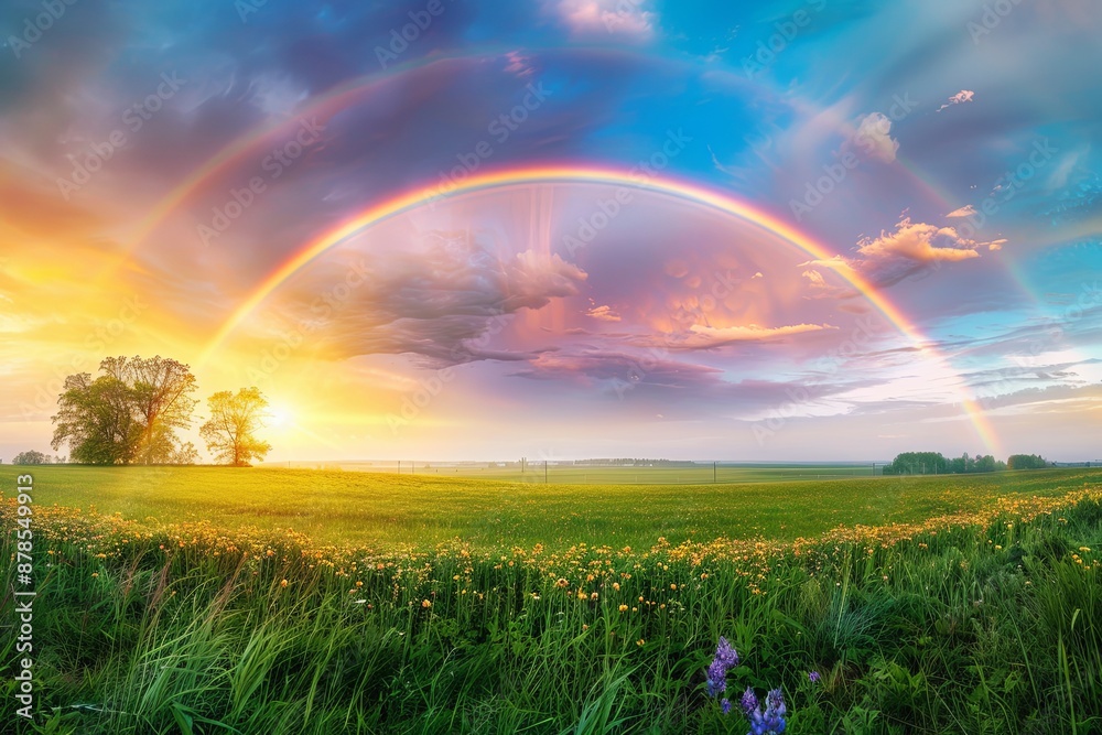 Naklejka premium Double rainbow over green field.