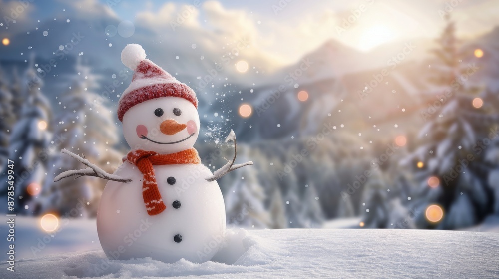 Fototapeta premium A cheerful snowman wearing a red scarf and a hat, standing in a snowy landscape with sunlight illuminating the snow. The background features a winter mountain scene with soft bokeh effects. Concept