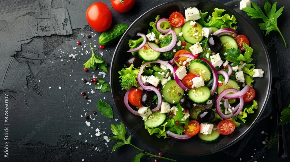 Vegetable Salad Banner: Top View with Cucumber, Tomato, Olive, Lettuce, and Feta Cheese - Healthy Eating Concept Vegetable Salad Banner: Top View with Cucumber, Tomato, Olive, Lettuce, and Feta Cheese - Healthy Eating Concept