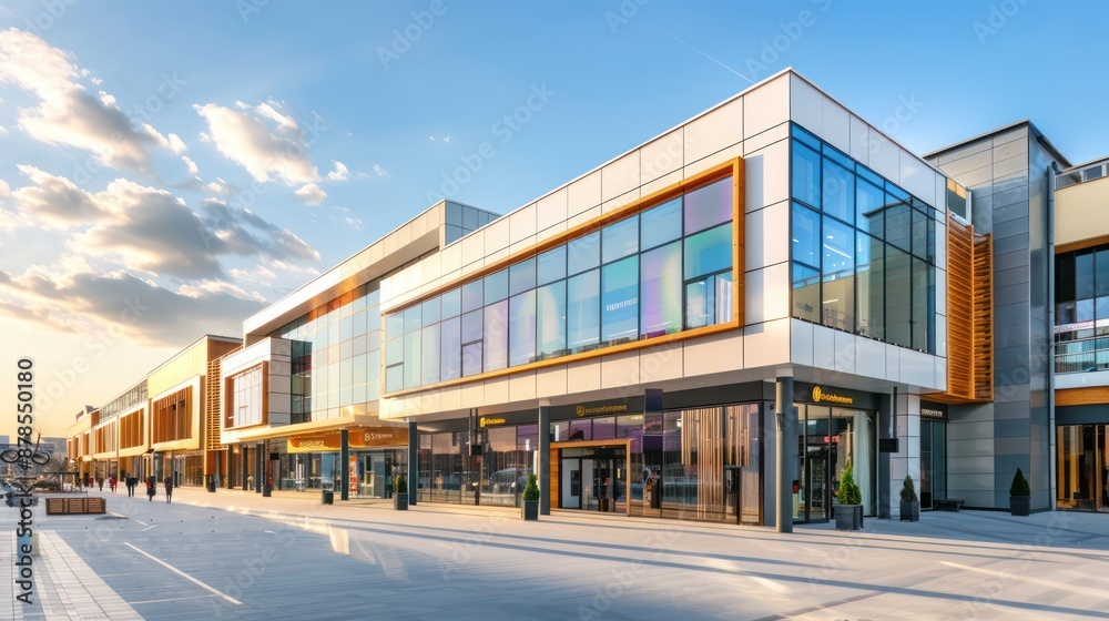 Exterior view of a modern shopping mall with large glass windows.