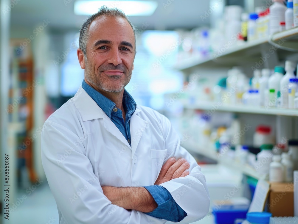 A scientist stands in front of shelves filled with equipment and supplies, ready to start an experiment A scientist stands in front of shelves filled with equipment and supplies, ready to start an experiment