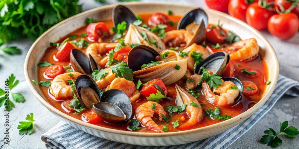 Seafood Chowder with Shrimp, Mussels and Clams, close-up, seafood soup, tomato broth, italian cuisine, seafood chowder, italian soup, seafood stew