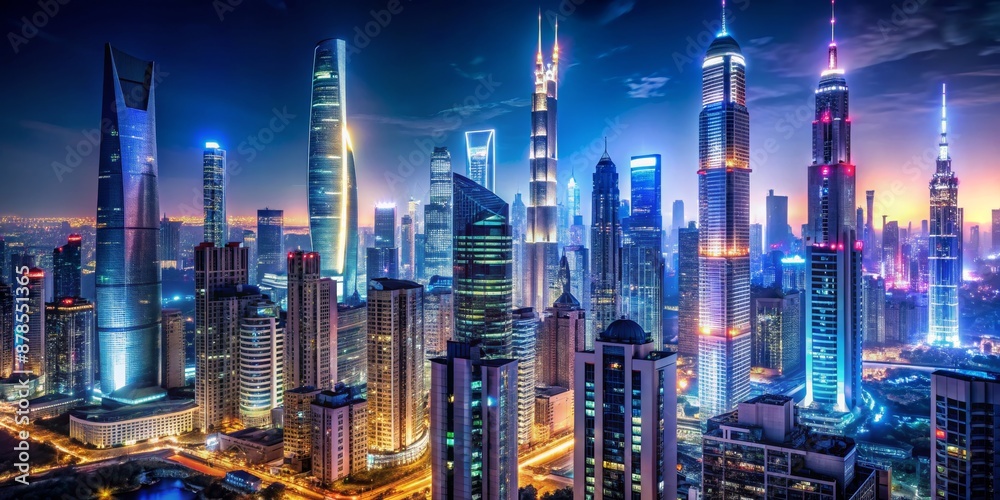 Fototapeta premium Shanghai Skyline at Night A Vibrant Symphony of Lights, Aerial View, Cityscape, Urban Landscape, China , Shanghai, Nighttime, Skyline