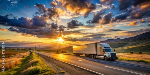 Wallpaper Mural Semi Truck on a Winding Road at Sunset, truck, sunset, transportation, road trip Torontodigital.ca