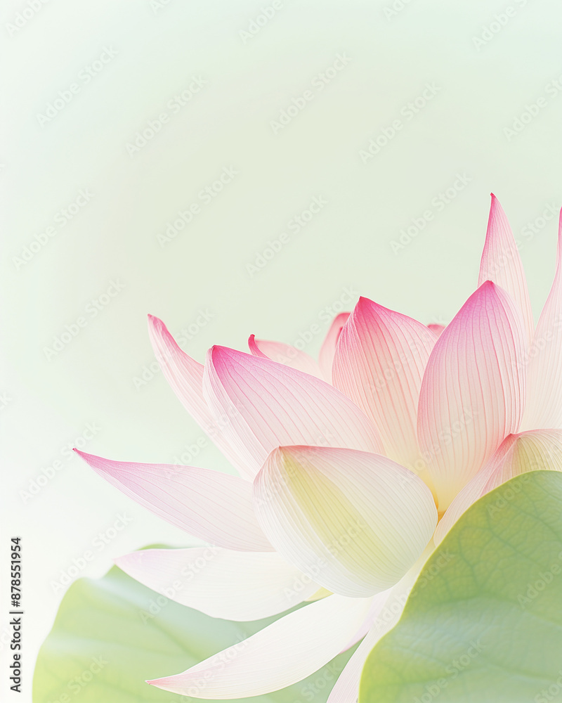 Obraz premium Close-up shot of a lotus flower. Delicate veining and subtle color gradient. Softly hued green and pink petals. Pastel colors. Space for copy.