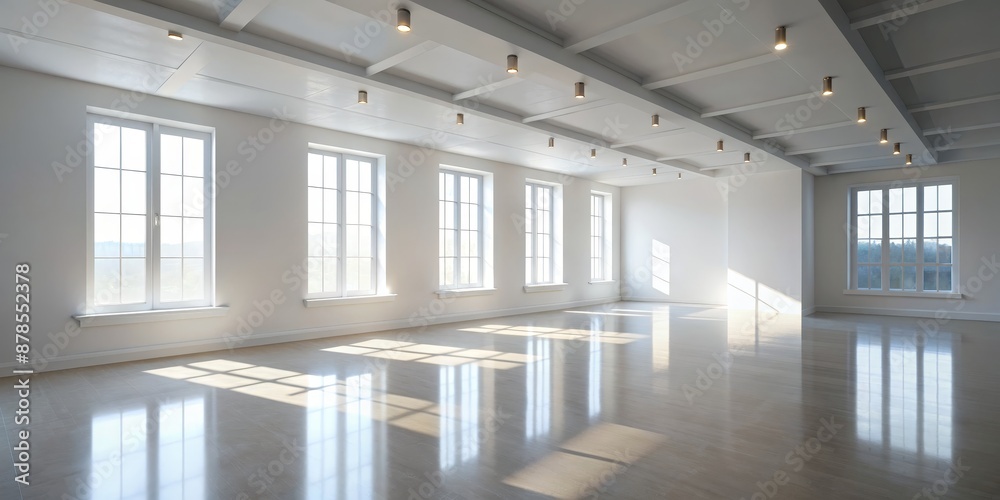 Sunbeams Reflecting on a Polished Wooden Floor with White Walls and a Coffered Ceiling, wooden floor , interior design , minimalist , contemporary