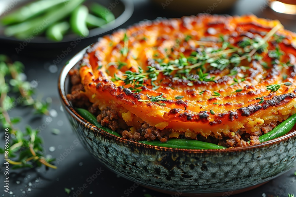 A bowl of food with meat and vegetables, including green beans and potatoes A bowl of food with meat and vegetables, including green beans and potatoes
