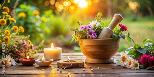 Sunset Herbal Remedy Composition with Wooden Mortar and Pestle, Candles, and Flowers, herbalism , natural healing , aromatherapy , holistic health