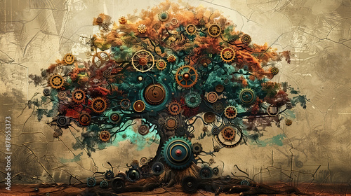 wood, tree, nature, art, vintage background, products, enginer, generative, ai, steampunk, clock background, mechanical, pink, gold, gear, clock, movement, old, illustration, vector, landscape, painti