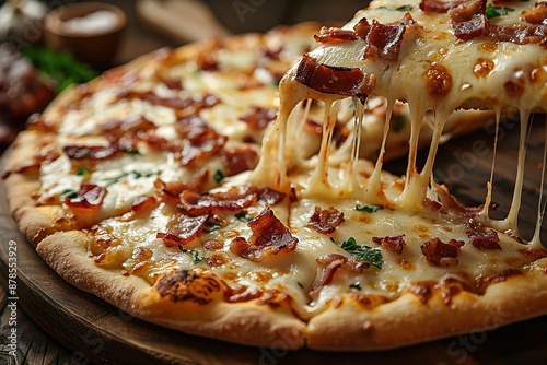 A slice of bacon pizza with cheese and herbs