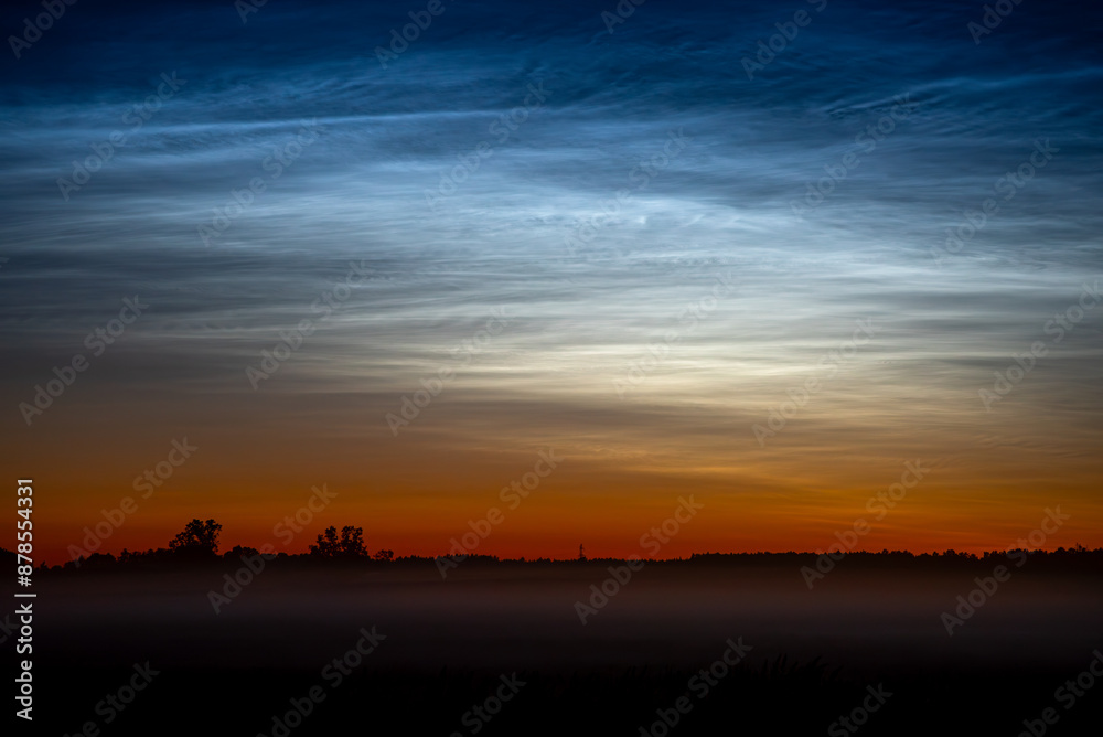 silver clouds in the meadow at night with fog in the field silver clouds in the meadow at night with fog in the field