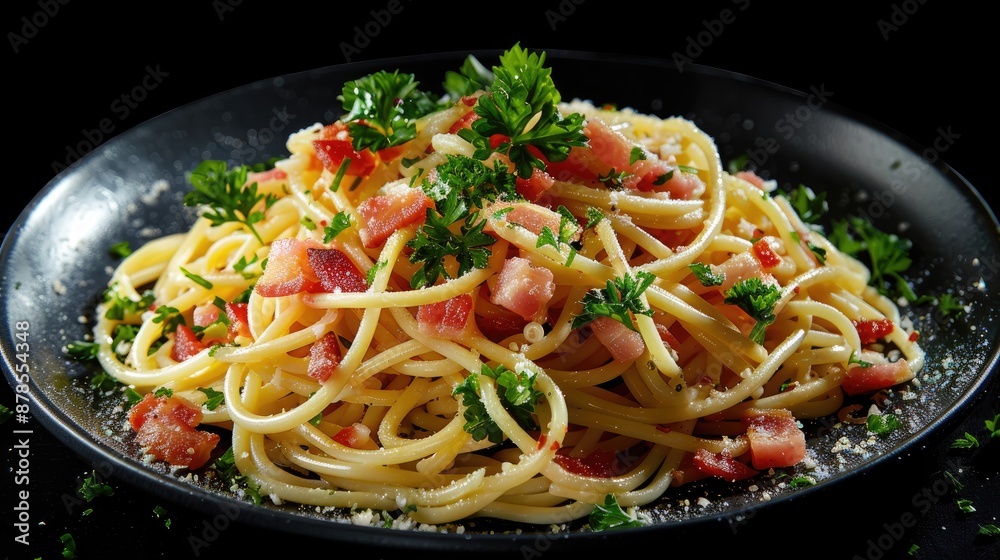 Delicious Italian Spaghetti with Bacon and Parsley on Black Background Delicious Italian Spaghetti with Bacon and Parsley on Black Background