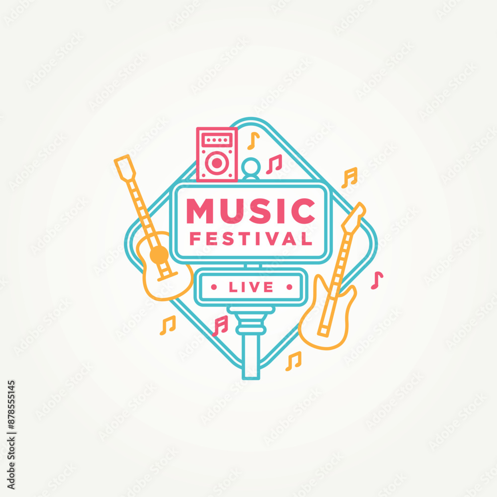 Fototapeta premium simple modern street sign live music festival with music instruments line art badge icon logo vector illustration design