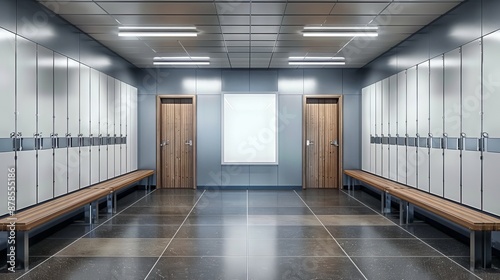 Spacious and clean locker room with benches photo