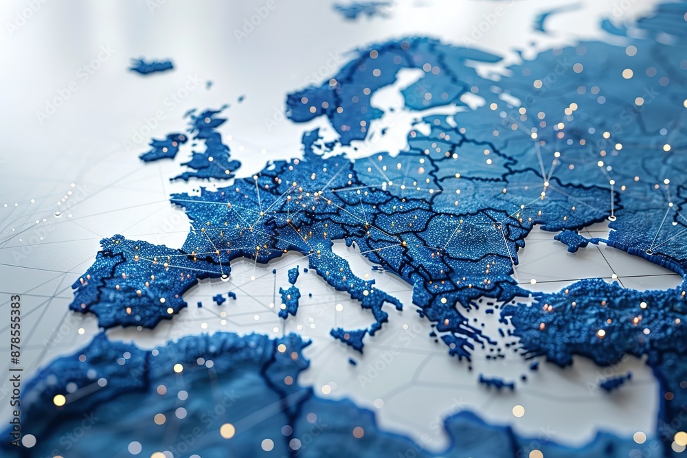 Obraz premium A blue map of Europe with a lot of dots on it