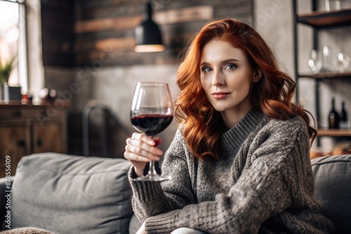 Close-up. A modern, stylish, beautiful woman with red hair and a glass of red wine in an armchair in the living room of the house.
