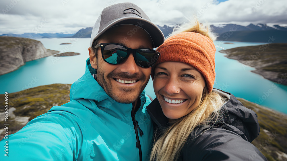 generated illustration of Happy couple taking a selfie photo while hiking in the mountains with a beautiful lake and mountain view generated illustration of Happy couple taking a selfie photo while hiking in the mountains with a beautiful lake and mountain view