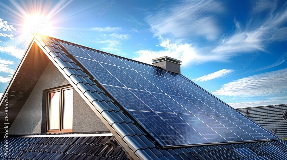 Fototapeta premium House Roof With Solar Panels And Clear Blue Sky