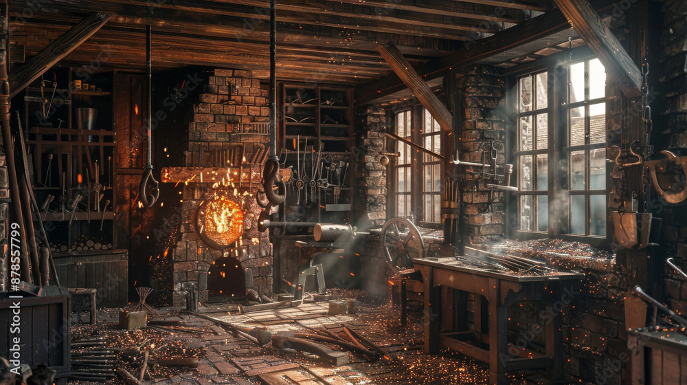 A traditional blacksmith workshop with rustic elements, including brick walls, wooden beams, and an array of tools hanging on pegboards. A traditional blacksmith workshop with rustic elements, including brick walls, wooden beams, and an array of tools hanging on pegboards.