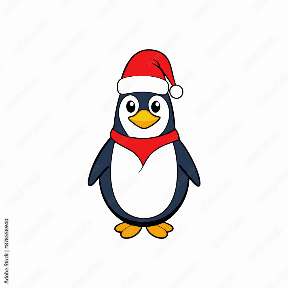 Obraz premium christmas penguin vector illustration, penguin with santa hat, penguin vector art, christmas vector Line art