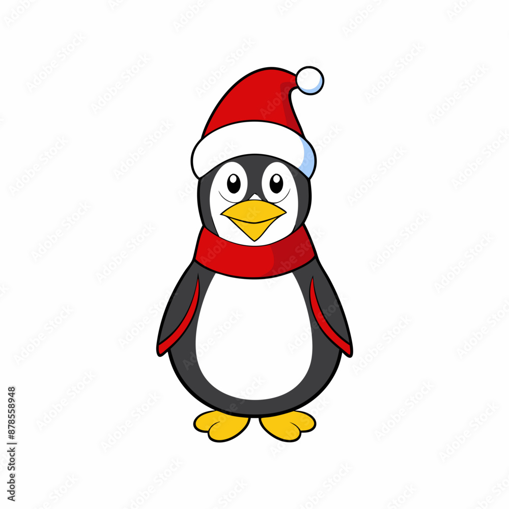 Obraz premium christmas penguin vector illustration, penguin with santa hat, penguin vector art, christmas vector Line art