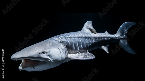 A grey and white shark with an open mouth, swimming in dark water, perfect for ocean life and wildlife documentaries 