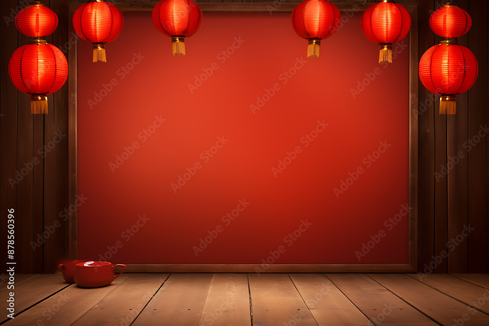 Red lanterns and wooden floor, red and brown, festive Chinese New Year celebration 
