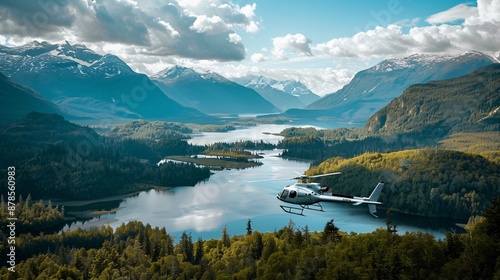 Helicopter ride over a stunning landscape, with passengers taking in panoramic views of mountains, lakes, and forests, highlighting the thrill and beauty of this unique travel experience